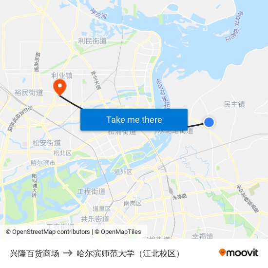 兴隆百货商场 to 哈尔滨师范大学（江北校区） map
