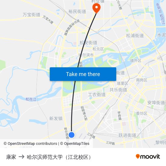 康家 to 哈尔滨师范大学（江北校区） map