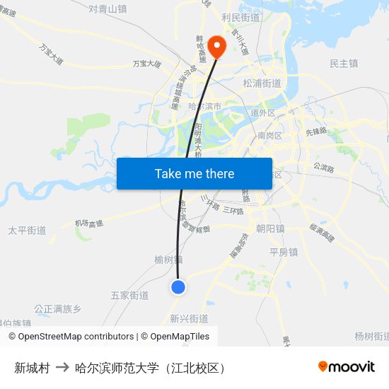 新城村 to 哈尔滨师范大学（江北校区） map
