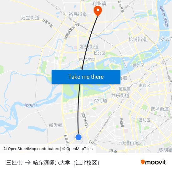 三姓屯 to 哈尔滨师范大学（江北校区） map