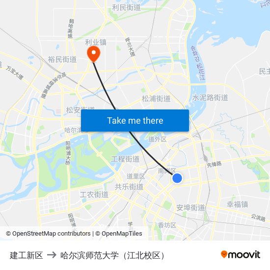 建工新区 to 哈尔滨师范大学（江北校区） map