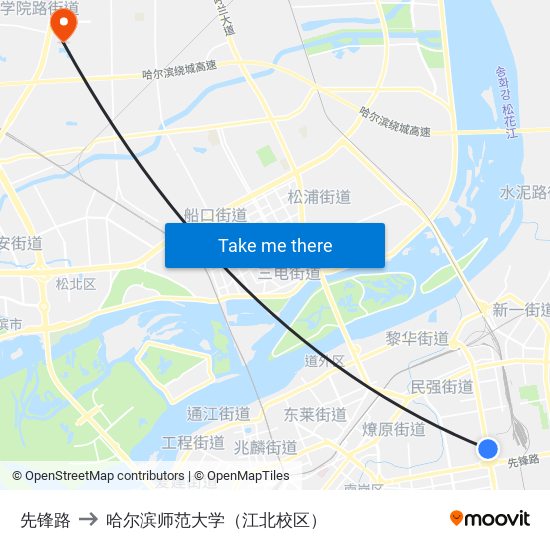 先锋路 to 哈尔滨师范大学（江北校区） map