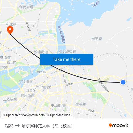 程家 to 哈尔滨师范大学（江北校区） map