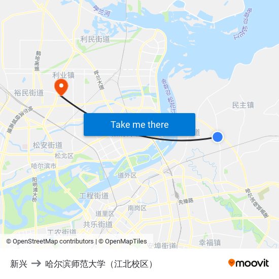 新兴 to 哈尔滨师范大学（江北校区） map