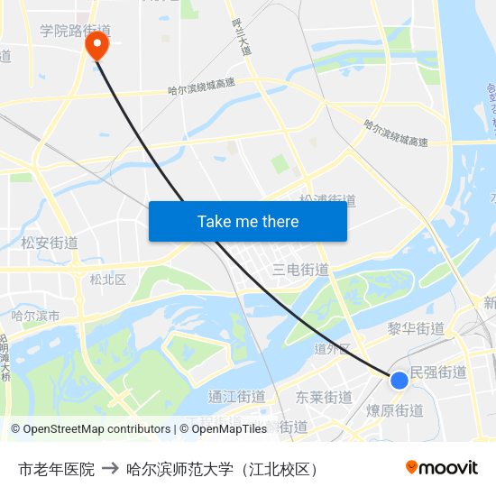 市老年医院 to 哈尔滨师范大学（江北校区） map