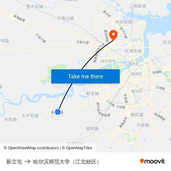 新立屯 to 哈尔滨师范大学（江北校区） map