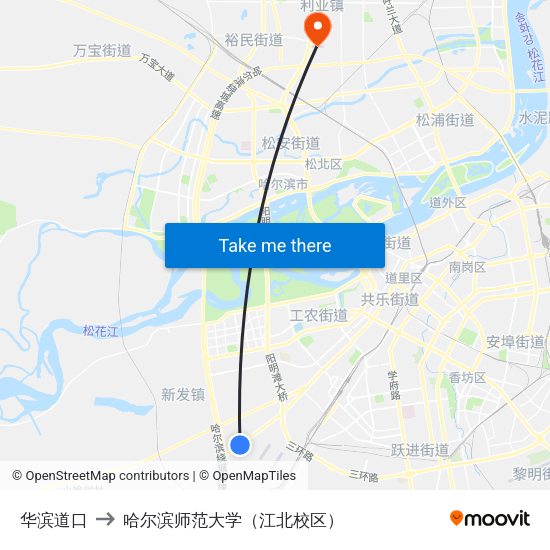 华滨道口 to 哈尔滨师范大学（江北校区） map