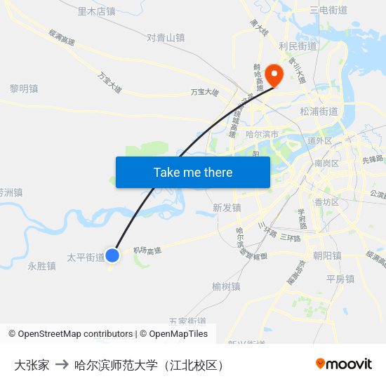 大张家 to 哈尔滨师范大学（江北校区） map