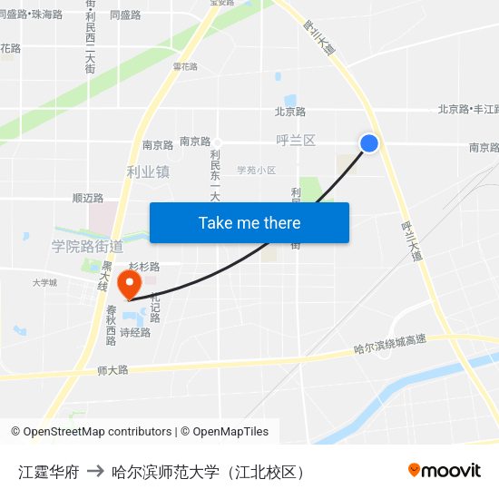 江霆华府 to 哈尔滨师范大学（江北校区） map