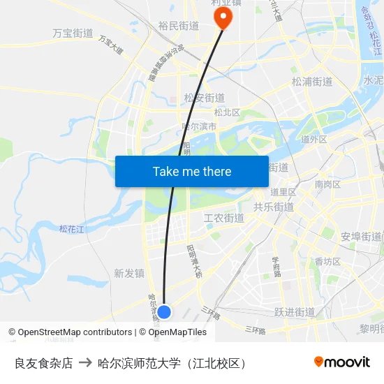 良友食杂店 to 哈尔滨师范大学（江北校区） map