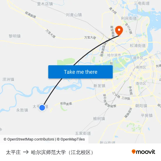 太平庄 to 哈尔滨师范大学（江北校区） map