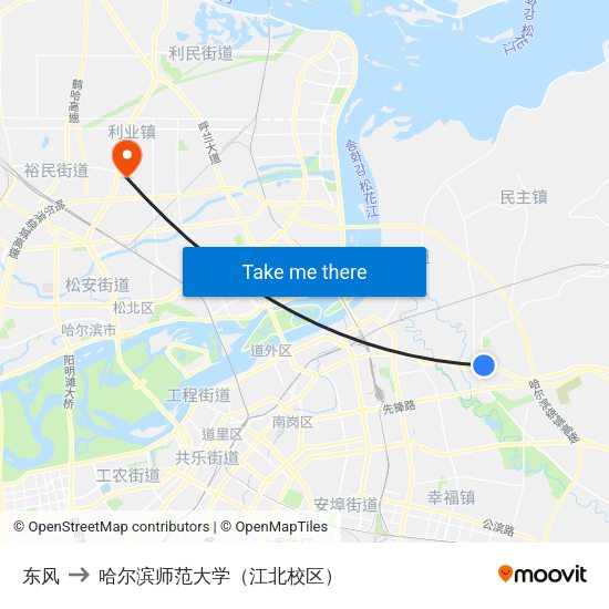 东风 to 哈尔滨师范大学（江北校区） map