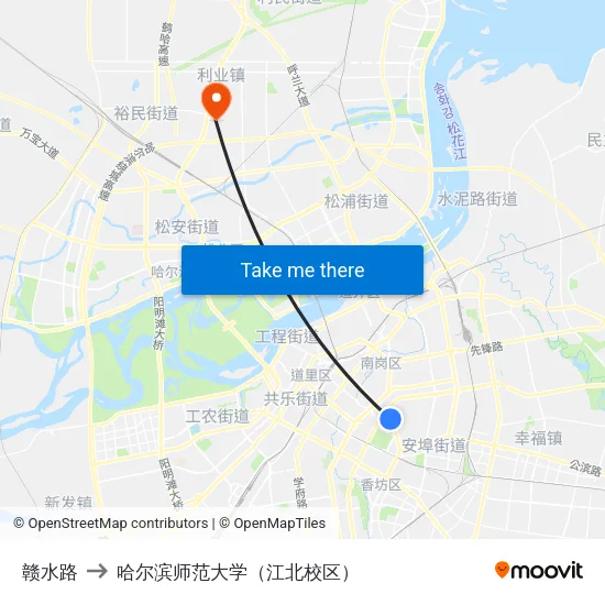 赣水路 to 哈尔滨师范大学（江北校区） map