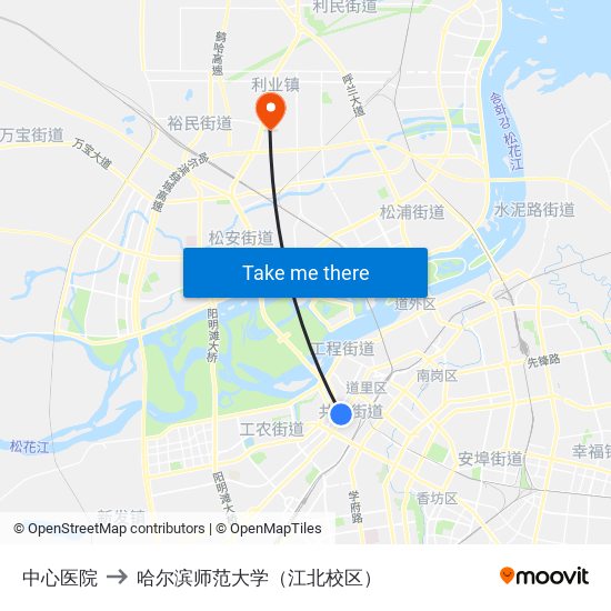 中心医院 to 哈尔滨师范大学（江北校区） map