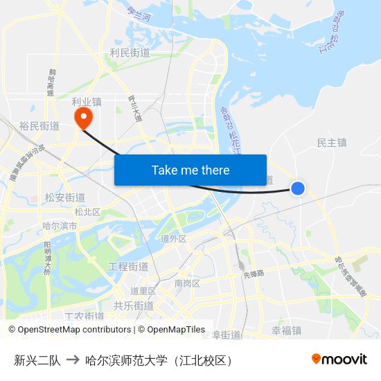 新兴二队 to 哈尔滨师范大学（江北校区） map