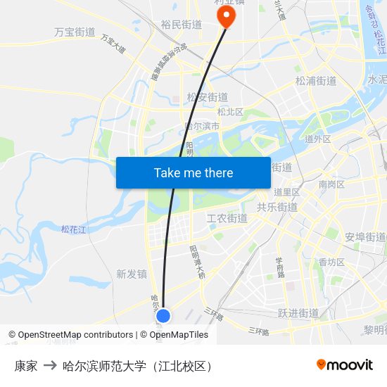 康家 to 哈尔滨师范大学（江北校区） map