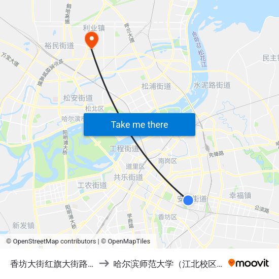 香坊大街红旗大街路口 to 哈尔滨师范大学（江北校区） map