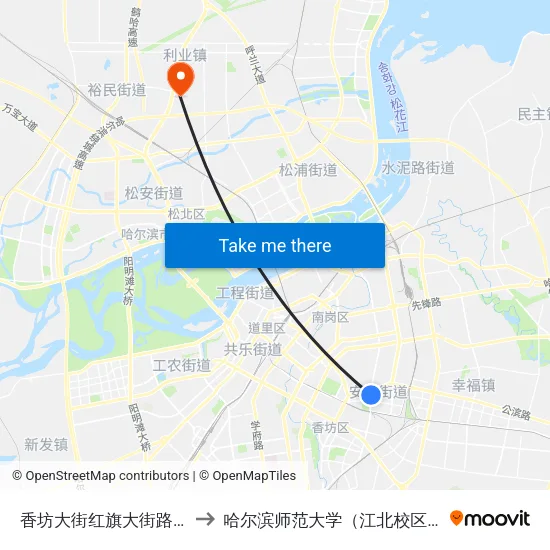 香坊大街红旗大街路口 to 哈尔滨师范大学（江北校区） map