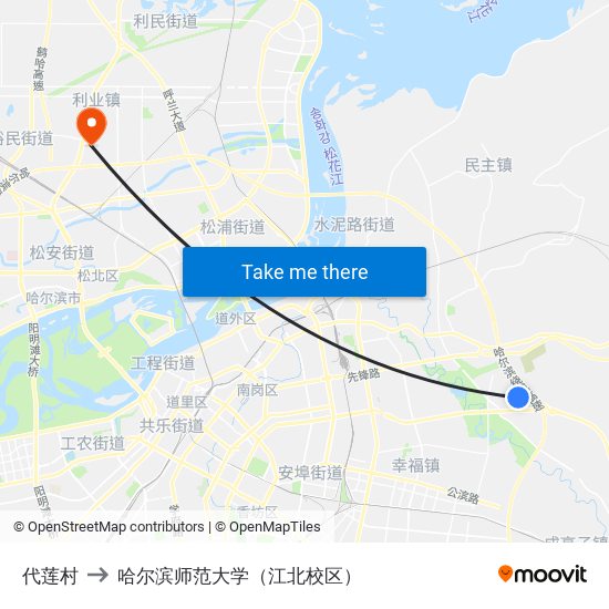 代莲村 to 哈尔滨师范大学（江北校区） map