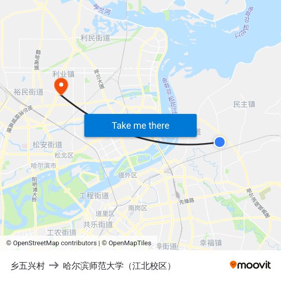 乡五兴村 to 哈尔滨师范大学（江北校区） map