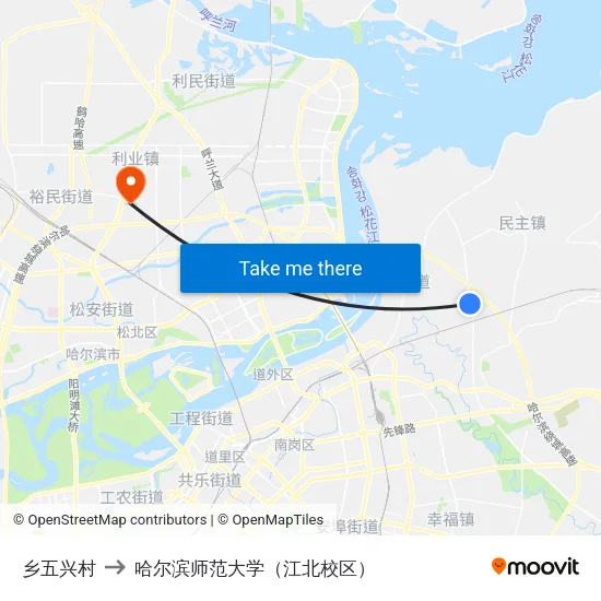 乡五兴村 to 哈尔滨师范大学（江北校区） map