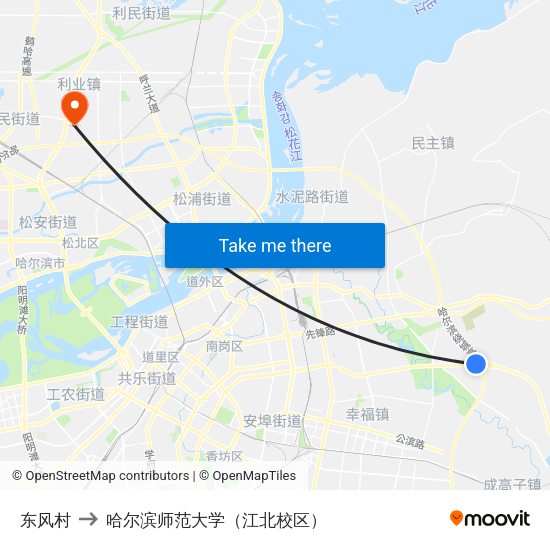 东风村 to 哈尔滨师范大学（江北校区） map
