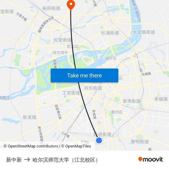 新中新 to 哈尔滨师范大学（江北校区） map