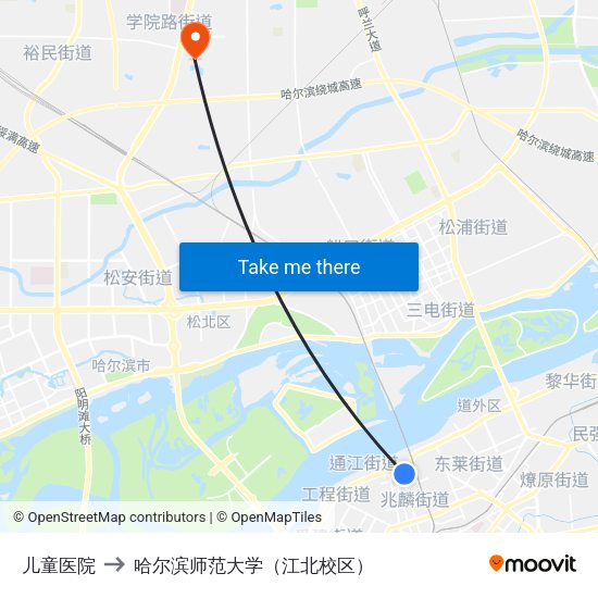 儿童医院 to 哈尔滨师范大学（江北校区） map