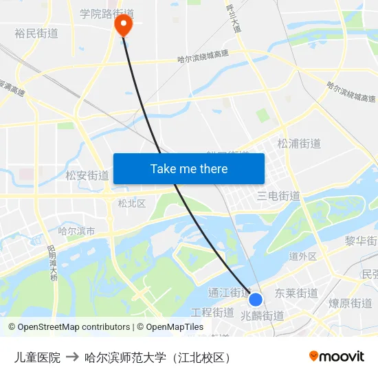 儿童医院 to 哈尔滨师范大学（江北校区） map