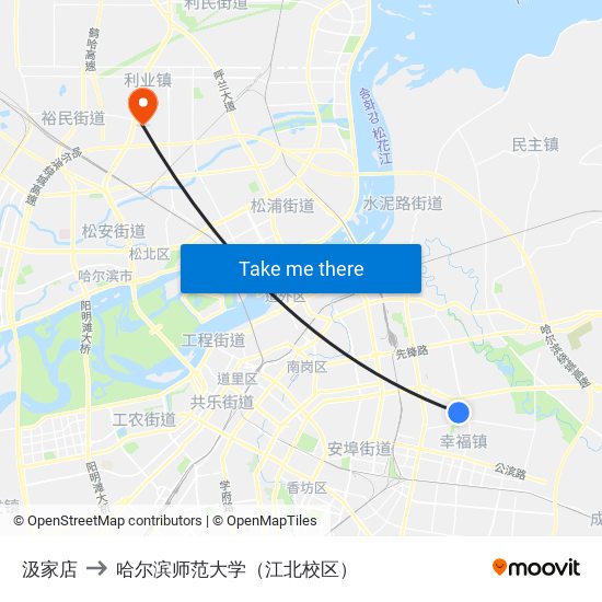 汲家店 to 哈尔滨师范大学（江北校区） map