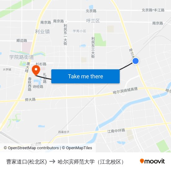 曹家道口(松北区) to 哈尔滨师范大学（江北校区） map
