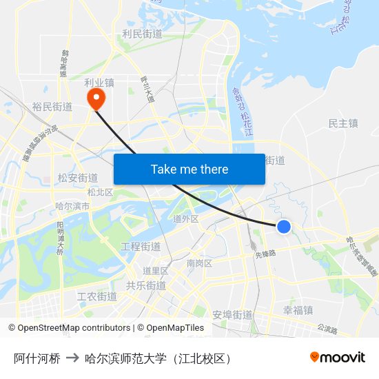 阿什河桥 to 哈尔滨师范大学（江北校区） map