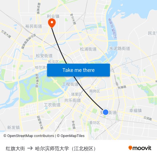 红旗大街 to 哈尔滨师范大学（江北校区） map