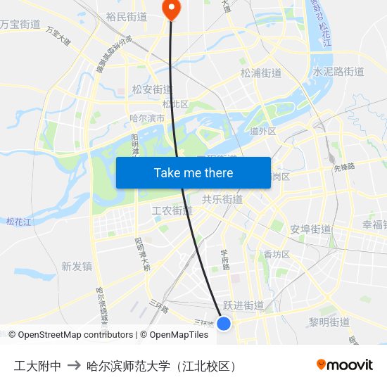 工大附中 to 哈尔滨师范大学（江北校区） map