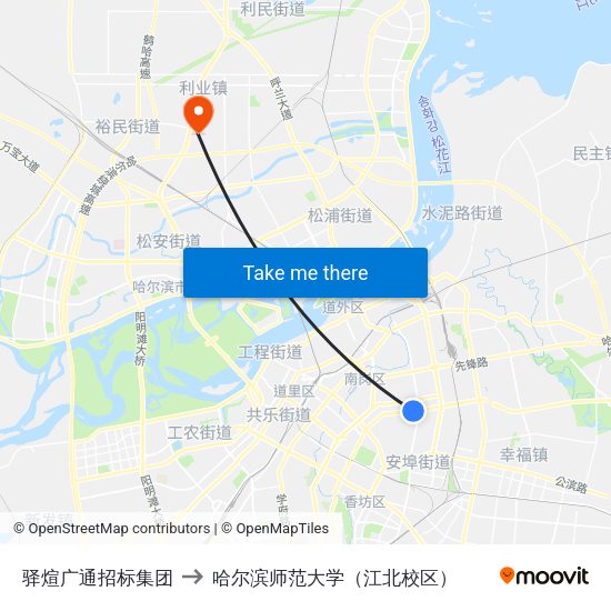 驿煊广通招标集团 to 哈尔滨师范大学（江北校区） map