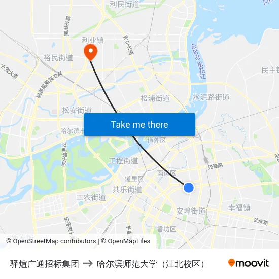 驿煊广通招标集团 to 哈尔滨师范大学（江北校区） map