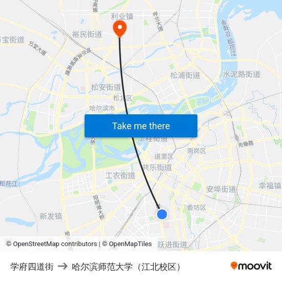 学府四道街 to 哈尔滨师范大学（江北校区） map