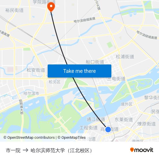 市一院 to 哈尔滨师范大学（江北校区） map