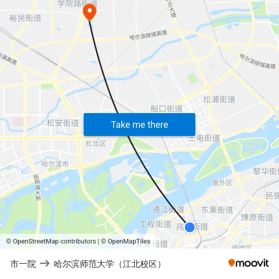 市一院 to 哈尔滨师范大学（江北校区） map