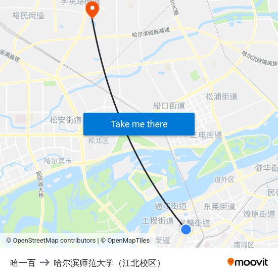 哈一百 to 哈尔滨师范大学（江北校区） map