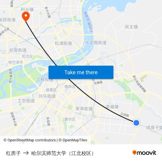 红房子 to 哈尔滨师范大学（江北校区） map