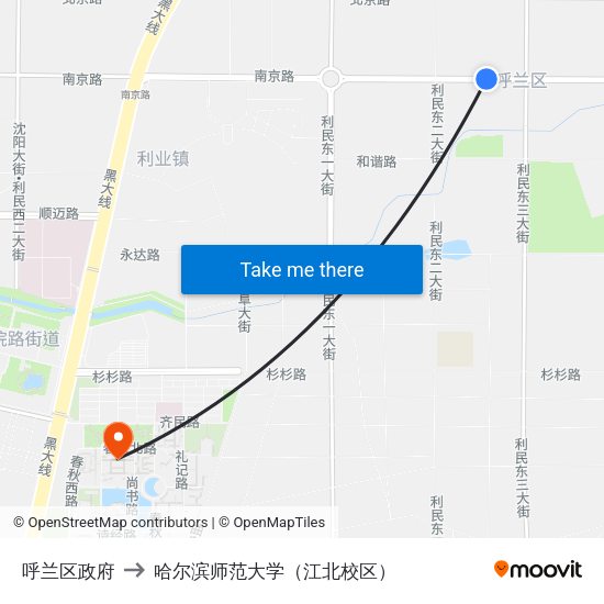 呼兰区政府 to 哈尔滨师范大学（江北校区） map