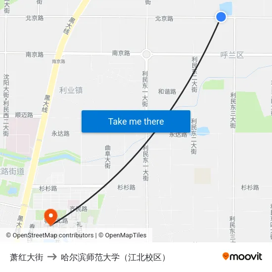 萧红大街 to 哈尔滨师范大学（江北校区） map