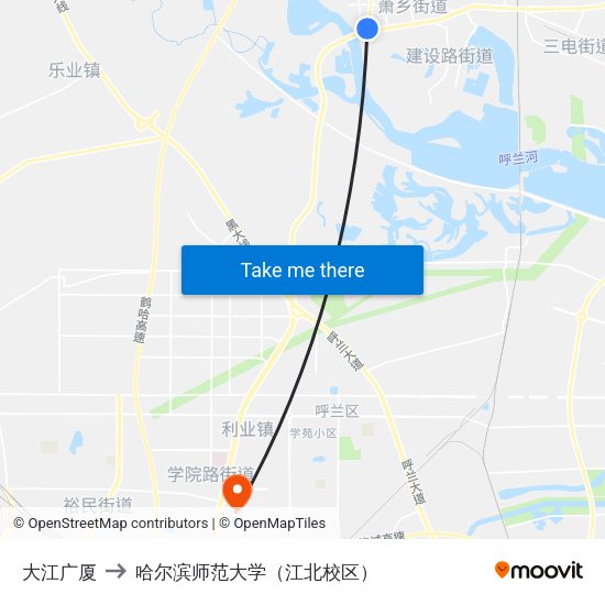 大江广厦 to 哈尔滨师范大学（江北校区） map