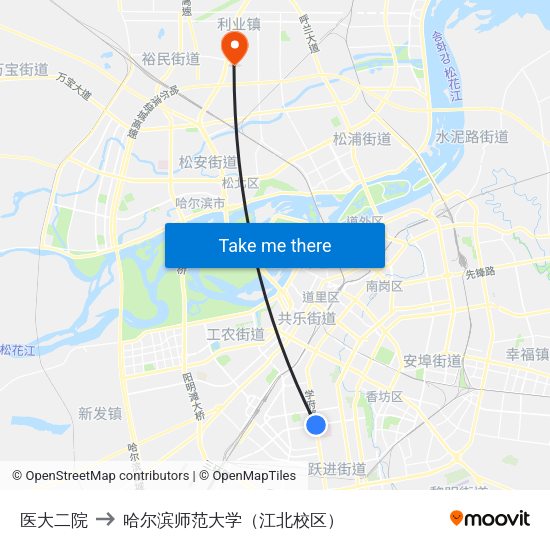 医大二院 to 哈尔滨师范大学（江北校区） map