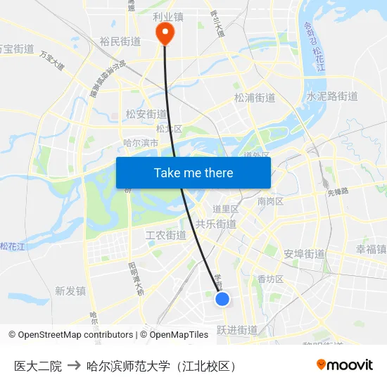 医大二院 to 哈尔滨师范大学（江北校区） map