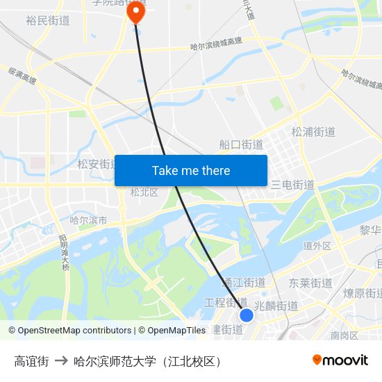 高谊街 to 哈尔滨师范大学（江北校区） map