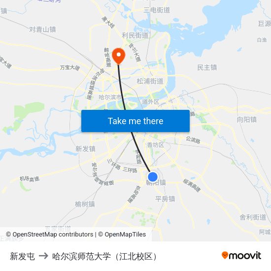 新发屯 to 哈尔滨师范大学（江北校区） map