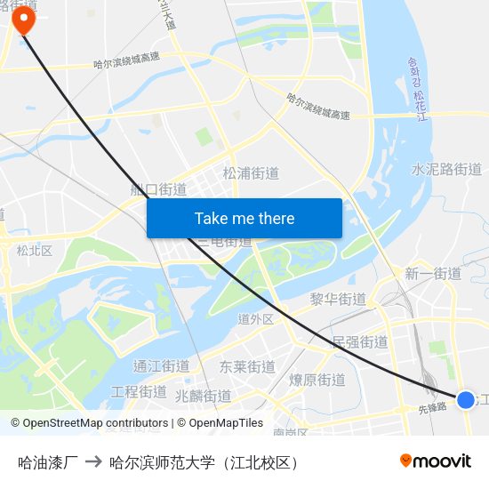 哈油漆厂 to 哈尔滨师范大学（江北校区） map