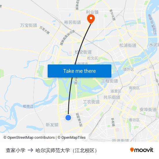 查家小学 to 哈尔滨师范大学（江北校区） map
